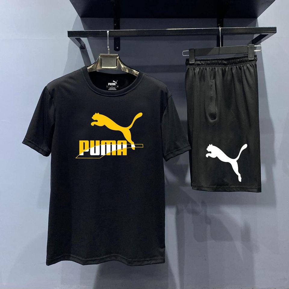 Bộ đùi thể thao nam nữ tay ngắn cổ tròn chất cotton có bigsize puma vàng