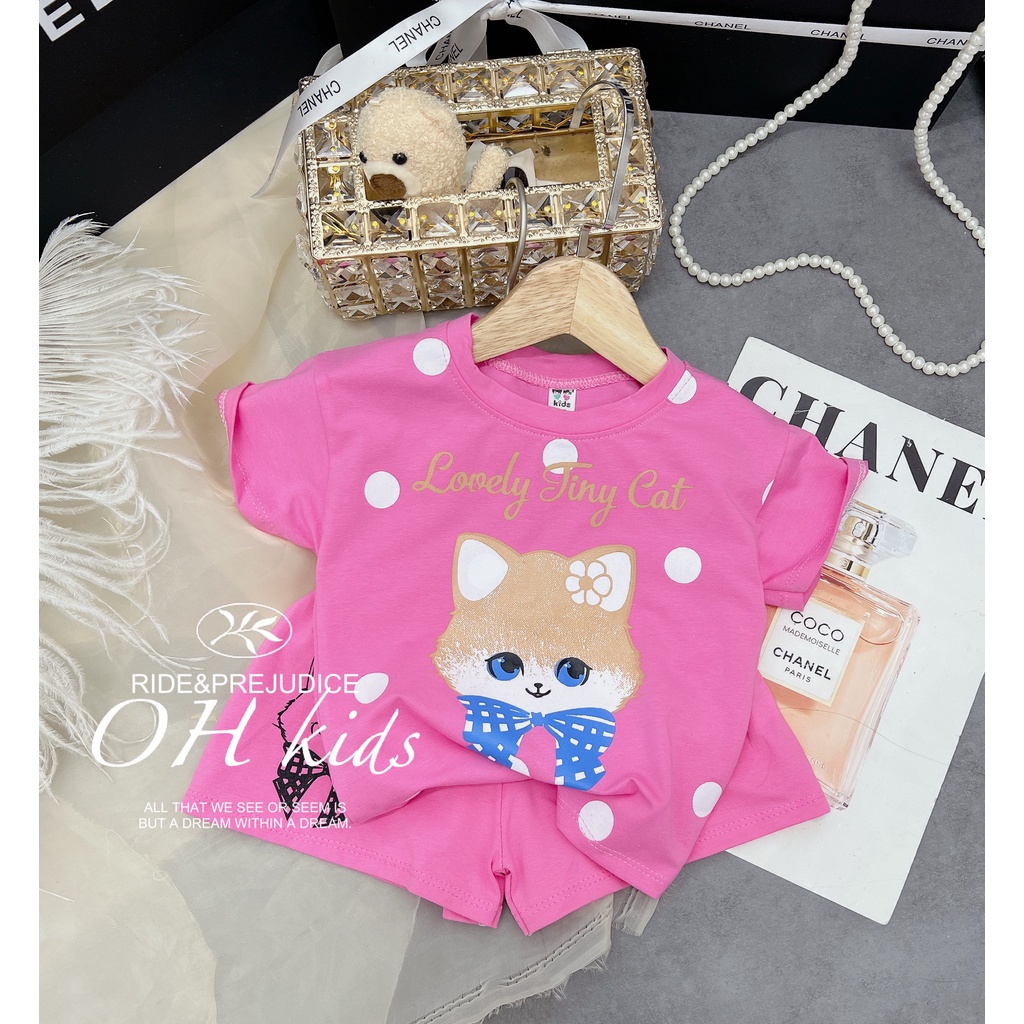 Đồ bộ bé gái , sét bộ quần áo chất cotton họa tiết mèo chấm bi tay rơi siêu xinh cho bé gái.