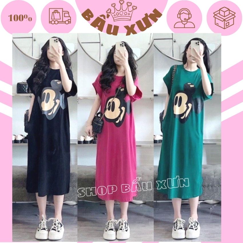 VÁY BẦU COTTON DÁNG XUÔNG TRẺ TRUNG THIẾT KẾ IN HÌNH CHUỘT MICKEY- ĐẦM BẦU CỘC TAY MÙA HÈ GIÁ RẺ