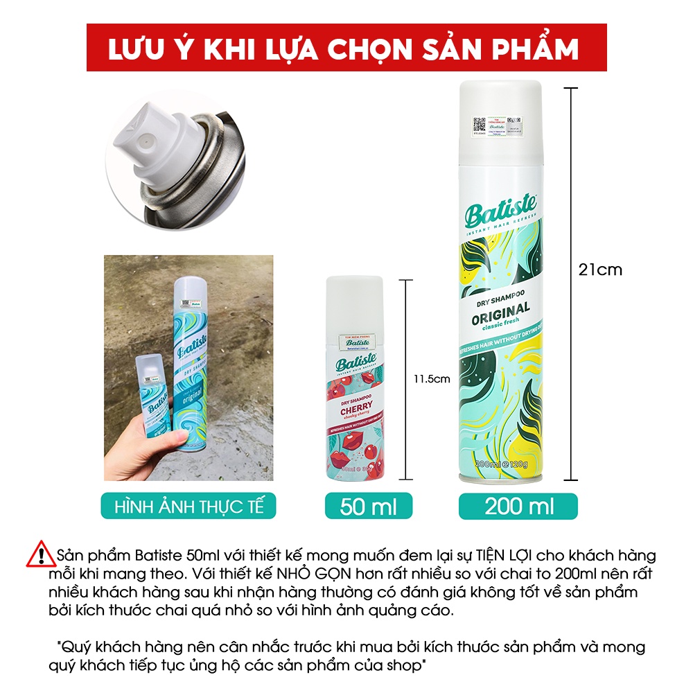 [COMBO] 2 Chai Dầu Gội Khô Batiste Giúp Làm Phồng Tóc Dầu gội Siêu tiết kiệm (cherry200ml+cherry50ml)