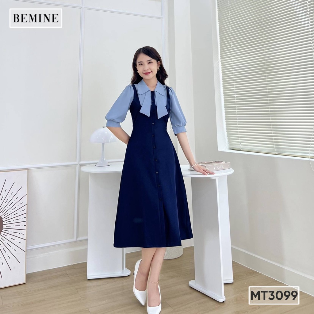 Đầm phối tay cổ sơ mi nơ BEMINE MT3099XANH ĐEN