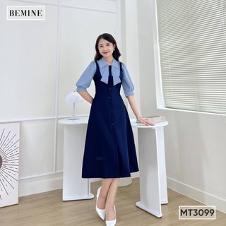 Đầm phối tay cổ sơ mi nơ BEMINE MT3099XANH ĐEN