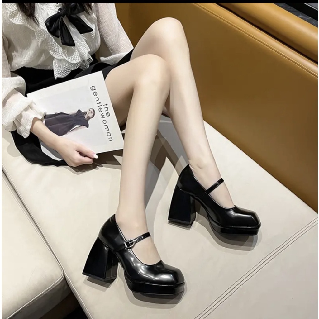 Giày cao gót nữ Barbie da lì đế vuông cao 10cm hai màu trắng trắng, đen siêu sang chảnh