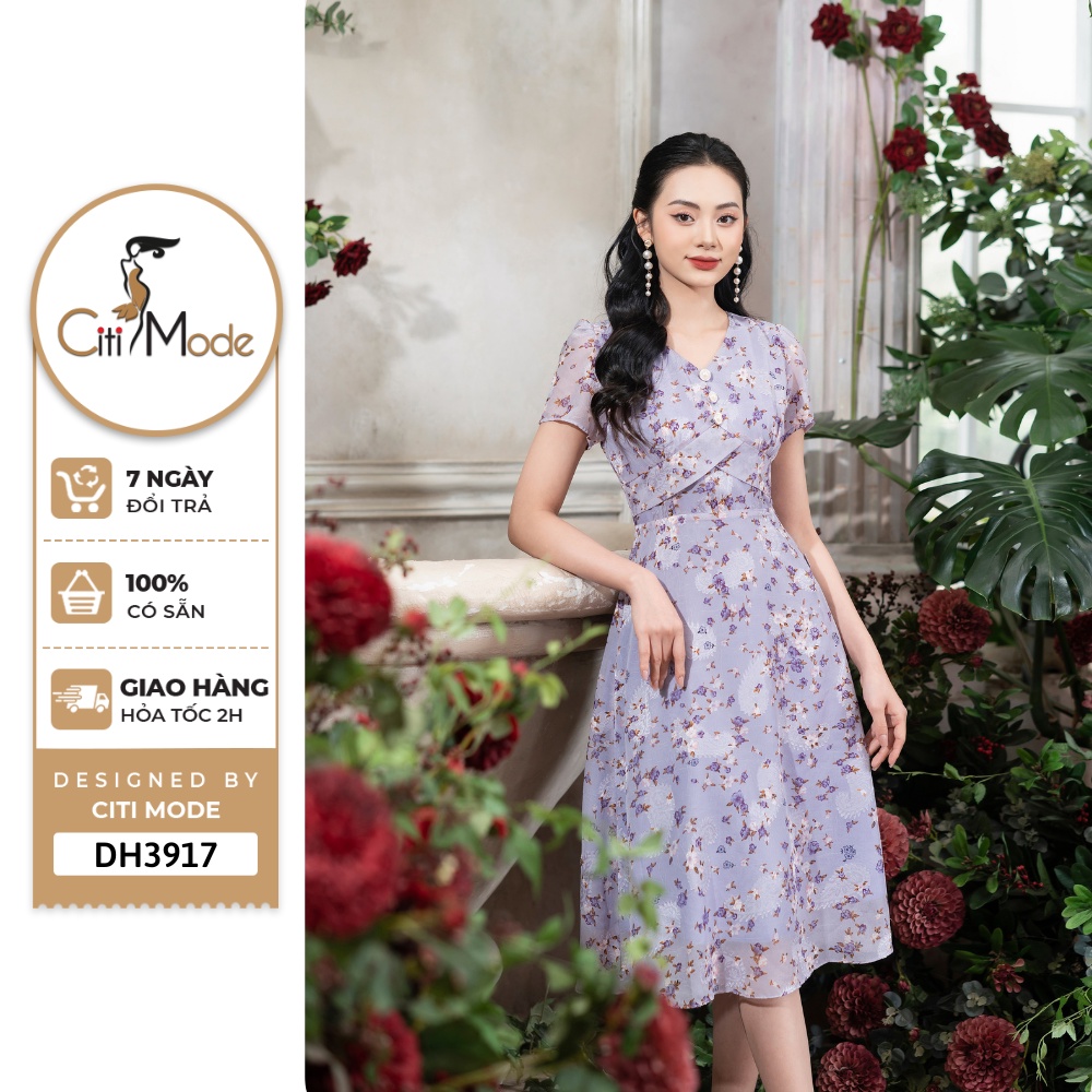 Đầm công sở CITI MODE FASHION thiết kế dáng xòe hoa nhí tím cổ V DH3917