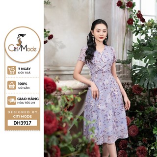 Đầm công sở CITI MODE FASHION thiết kế dáng xòe hoa nhí tím cổ V DH3917