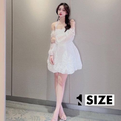 Váy cổ yếm tay bồng tháo rời dáng ngắn vải gấm hoa nổi màu đen và trắng style tiểu thư 1SIZESHOP