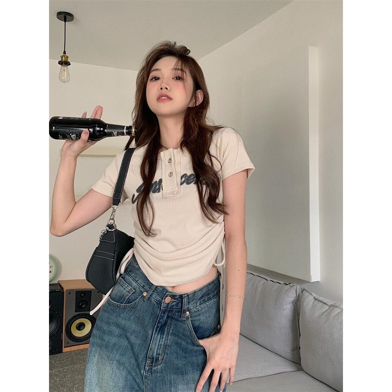 Áo Thun Dệt Kim Mỏng Tay Ngắn Phối Dây Rút Thời Trang Dành Cho Nữ
