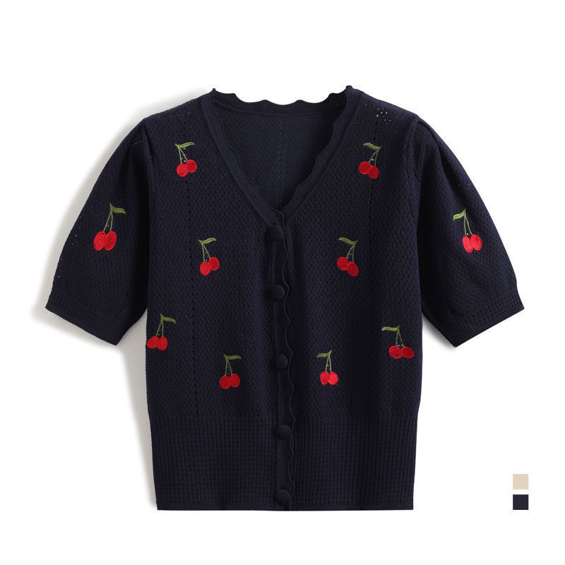 Áo len hè cộc tay dáng cardigan , thêu họa tiết quả cherry EZ9.STORE EA007