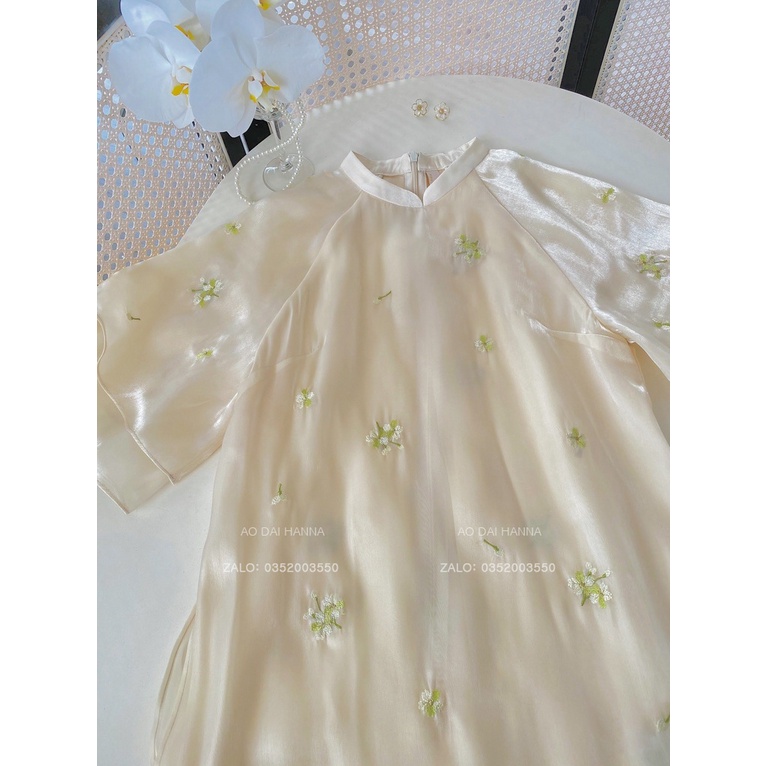 Áo dài cách tân dáng suông Hanna thiết kế tay loe bèo thêu hoa cao cấp, chất tơ Organza mềm mát trẻ trung