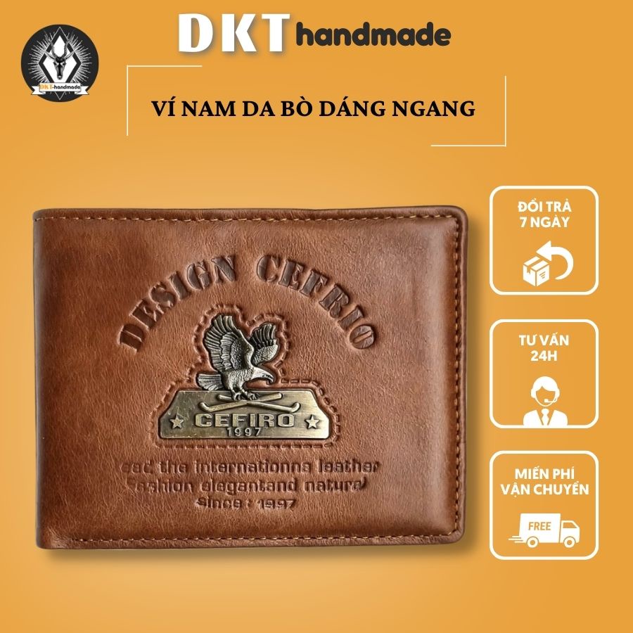 Ví Da Nam Cefiro Da Bò Dáng Ngang Màu Da Bò Họa Tiết Chim Đại Bàng Cao Cấp 9,5*12,5cm