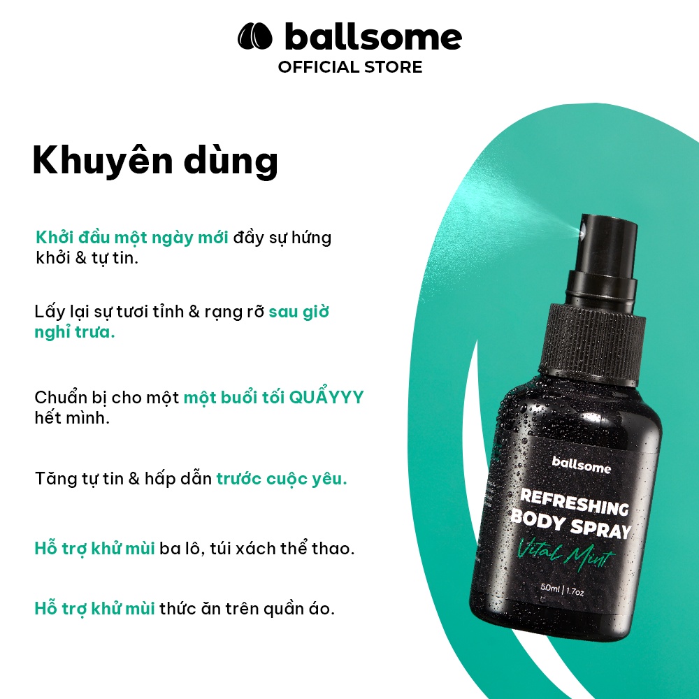 Xịt Thơm Toàn Thân Hương Nước Hoa Ballsome Body Spray/ Hương Vital Mint 50ml