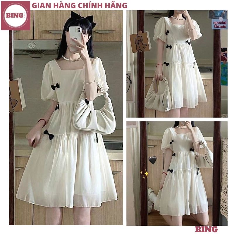 Váy babydoll TRẮNG ĐÍNH NƠ cổ vuông siêu xinh cho nàng, Đầm tiểu thơ xinh xắn HOT TREND công chúa bánh bèo - BING