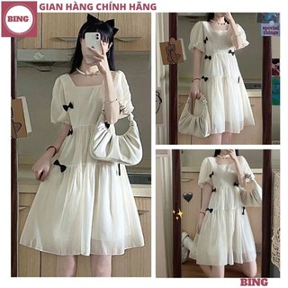 Váy babydoll TRẮNG ĐÍNH NƠ cổ vuông siêu xinh cho nàng, Đầm tiểu thơ xinh xắn HOT TREND công chúa bánh bèo - BING