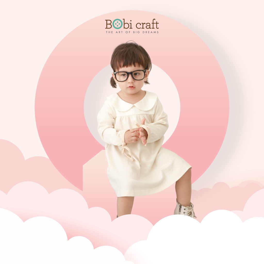 Quần áo trẻ em Bobicraft - Áo đầm bé gái cổ lá sen tay dài - Cotton hữu cơ organic an toàn