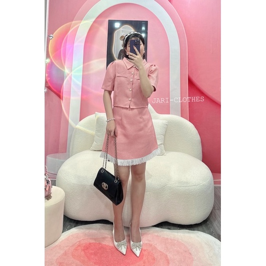 Sét dạ ngắn chân váy chữ A  màu hồng ngọt ngào dễ thương đi chơi