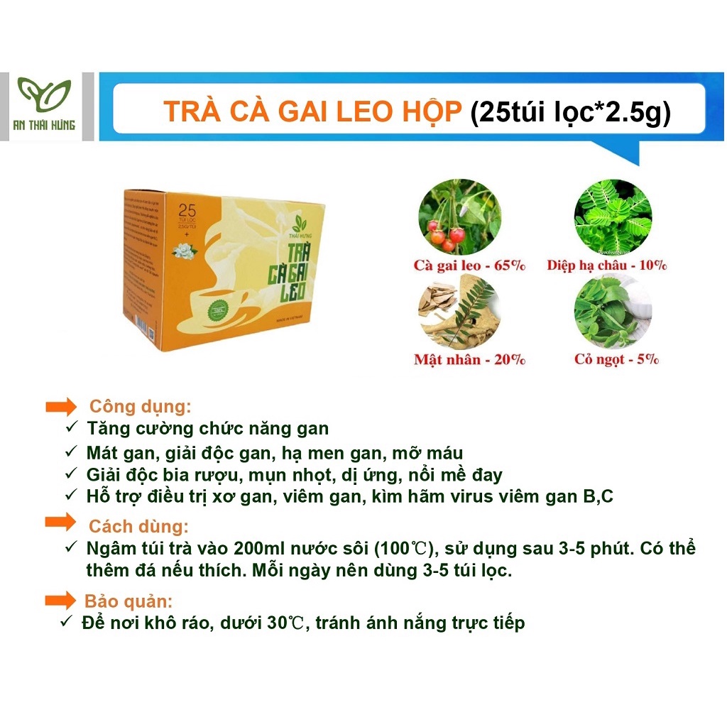 Trà Cà Gai Leo THÁI HƯNG - Hộp 25 túi lọc 2,5g - Mát gan, giải độc và bảo vệ gan
