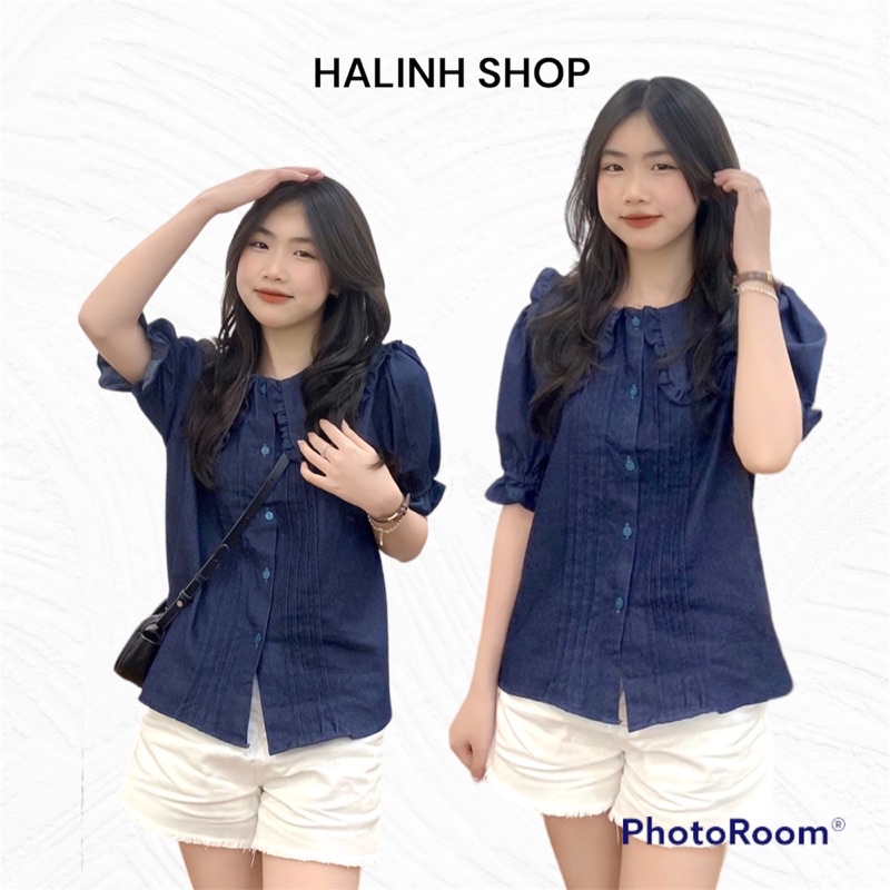 Áo Sơ Mi Bò Nữ Cổ Bèo Chiết Ly Size S M-Halinh Shop-Áo Sơ Mi Nữ Ngắn Tay Loại 1