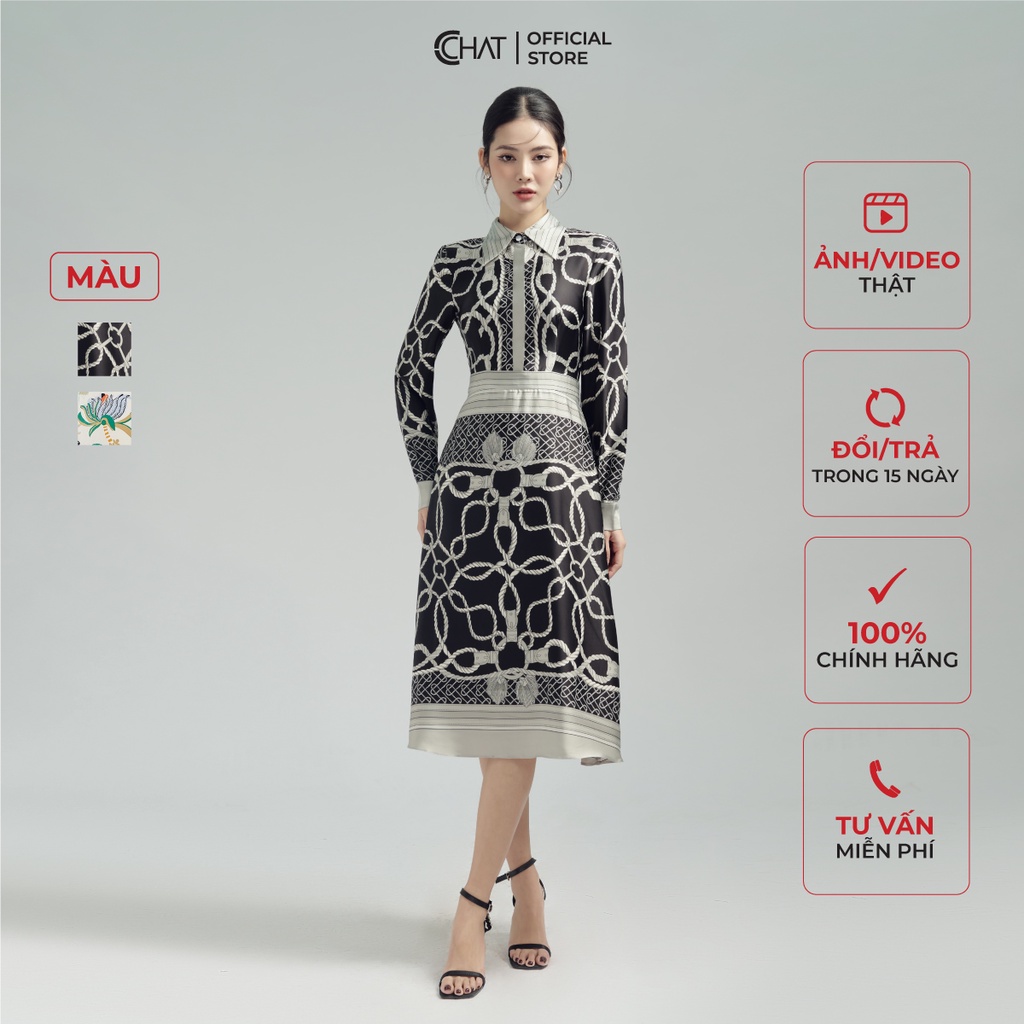 Đầm Nữ 𝐂𝐂𝐇𝐀𝐓 Cổ Đức Mở Khuy Thân Trước Dáng Xòe Chất Lụa Mềm Mịn 22VDL5011XT