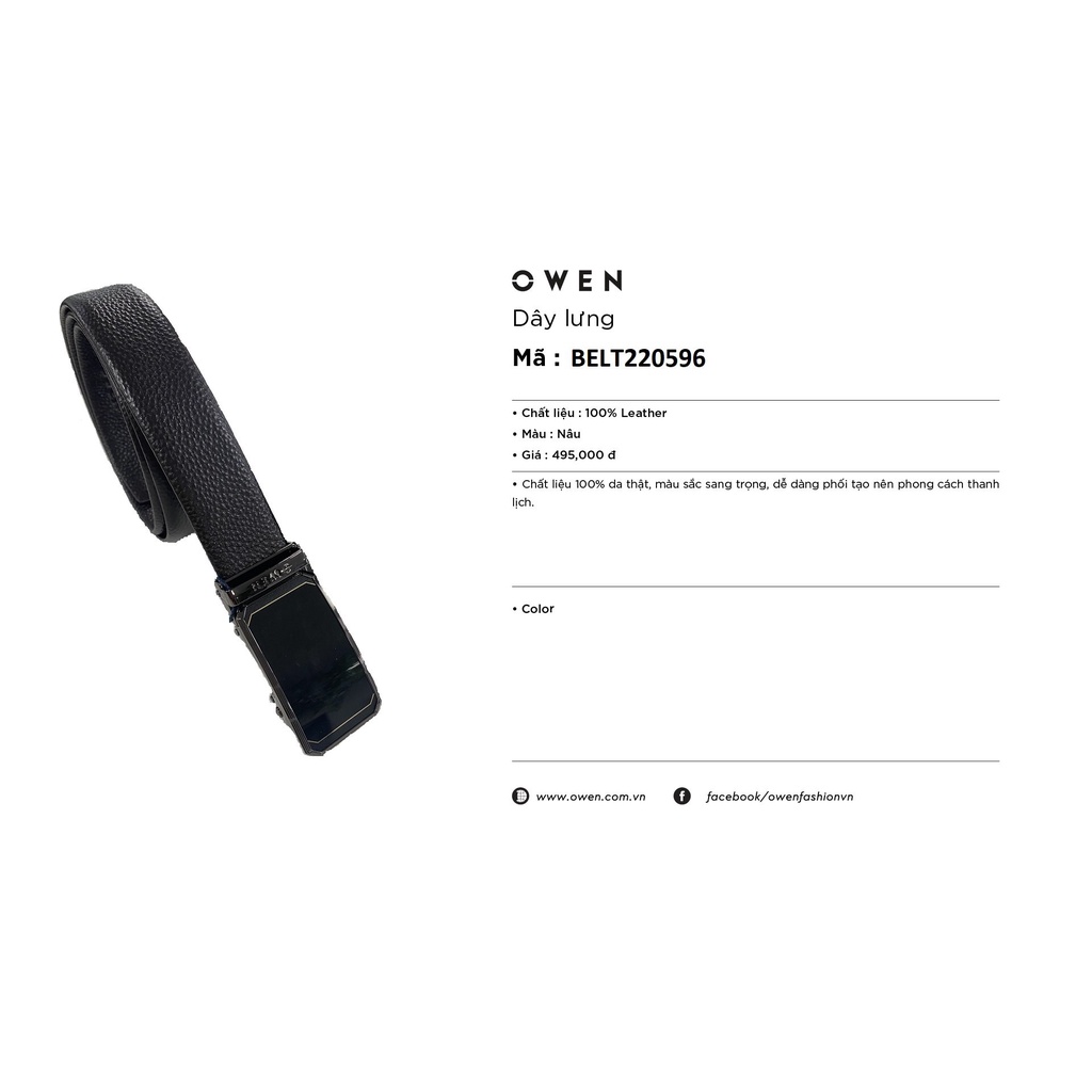 Thắt lưng nam da bò thật OWEN BELT220596 dây màu nâu cao cấp mặt đen đúc nguyên khối hợp kim nguyên khối khóa trượt