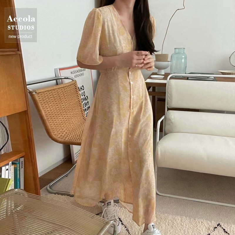 Váy voan hoa nhí MORAN cổ V cài dọc khuy hoa vintage nhẹ nhàng thắt eo điệu đà Hàn Quốc