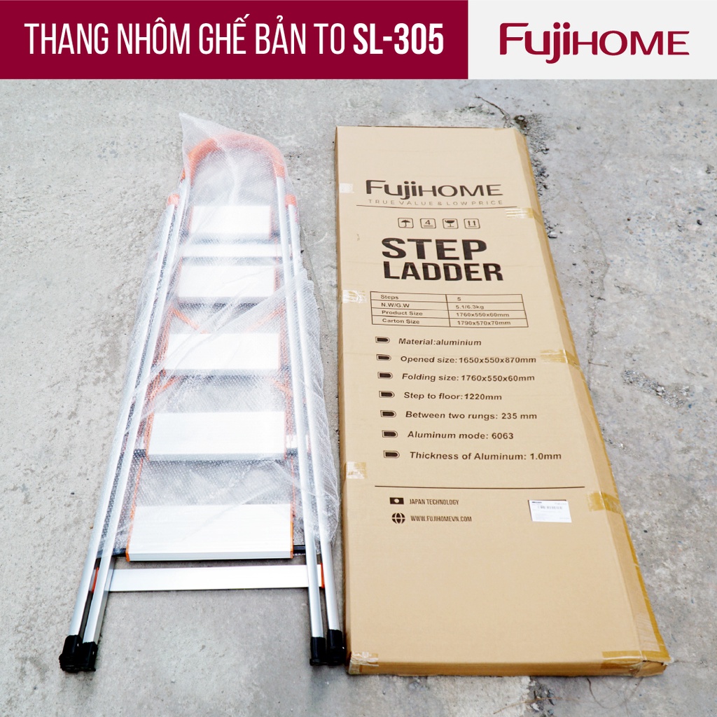 Thang nhôm ghế bản to 4-5-6 bậc nhập khẩu FUJIHOME SL-305 Công nghệ Nhật Bản - Bảo hành toàn quốc 24 tháng