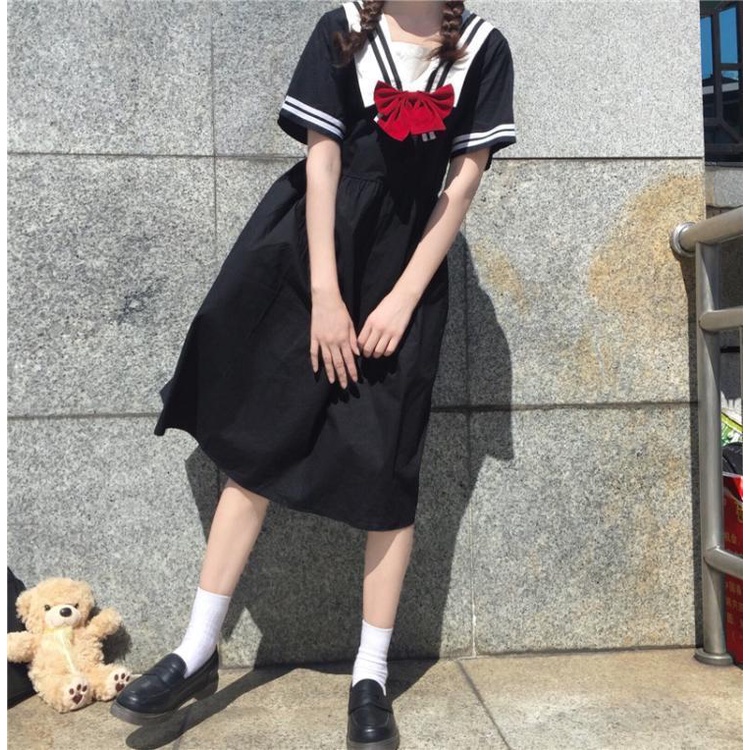 Happy-store ❤️ Chân váy chữ A dài vừa phải, cổ áo màu xanh hải quân, dài tay, ngọt ngào, phù hợp với tất cả các trường đ