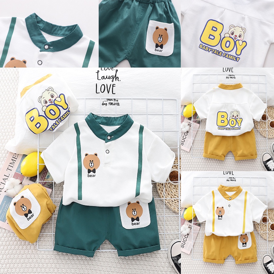 bộ quần áo bé trai mùa hè , set quần áo bé trai cổ tàu hoạt tiết gấu hàng quảng châu siêu cute