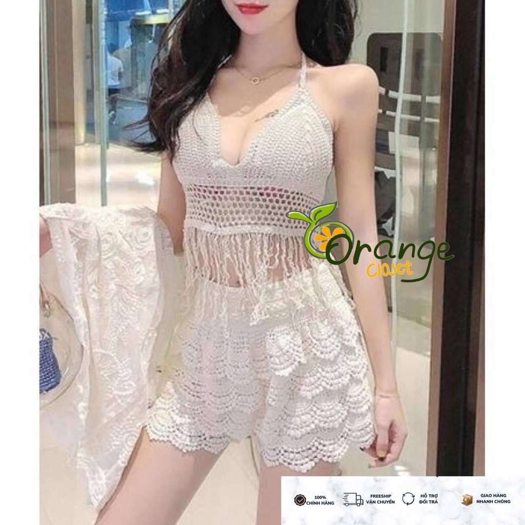 Bộ Bikini Kín Đáo 3 Món Đi Biển Len Ren Móc Quảng Châu Đồ Bơi