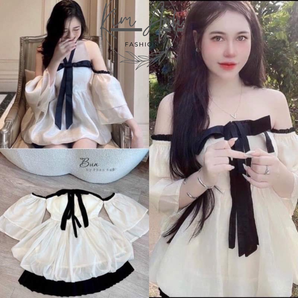Set Áo Trễ Vai Bèo Tiểu Thư Cột Nơ Kèm Chân Váy Hàng QCCC Kim Anh Fashion345