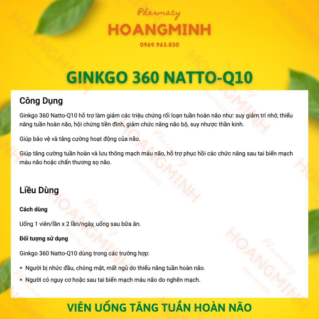 VIÊN UỐNG GINKGO 360 NATTO-Q10 |Hộp 100 Viên| Tăng Cường Tuần Hoàn Và Lưu Thông Mạch Máu Não