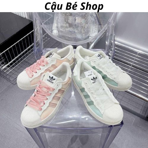 Giày thể thao nữ mẫu mới 2022 Adidas Superstar hồng, adidas sò xanh, das sò trắng 3 sọc dành cho nữ full