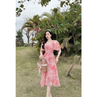 Váy đầm maxi voan hoa tay cánh tiên, cổ V