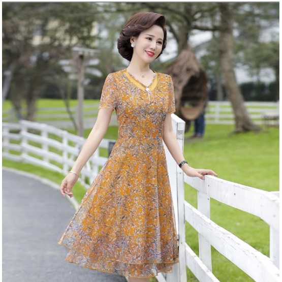 Váy Đầm trung niên nữ cho mẹ phối hoa cao cấp V81b- Áo đầm kiểu thời trang dự tiệc dạ hội đẹp cho người lớn tuổi Bigsize