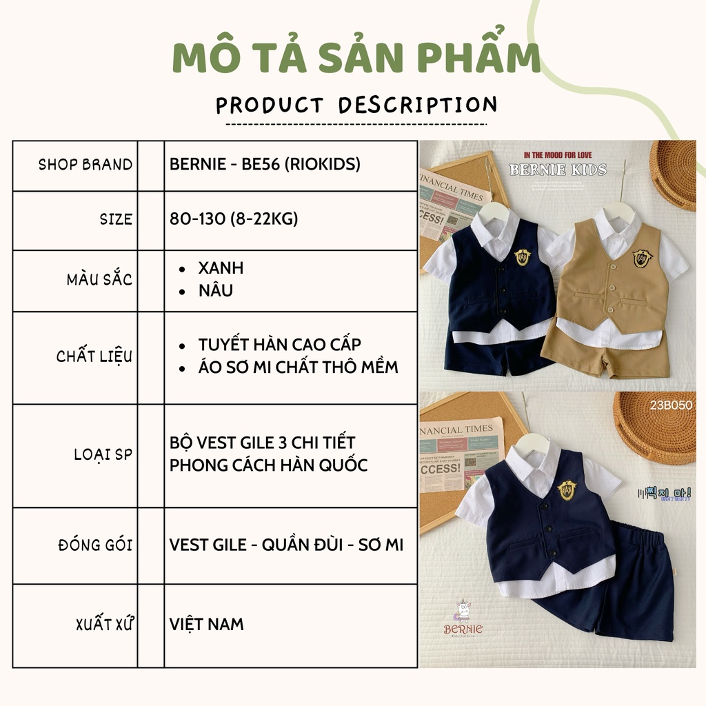 Set bộ vest gile BERNIE cho bé trai phong cách Hàn Quốc - BE56