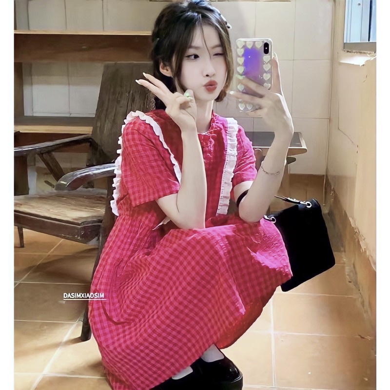 Váy Baby Doll Caro Form Rộng Phối Cúc, Cổ Xếp Bèo Xinh Xắn