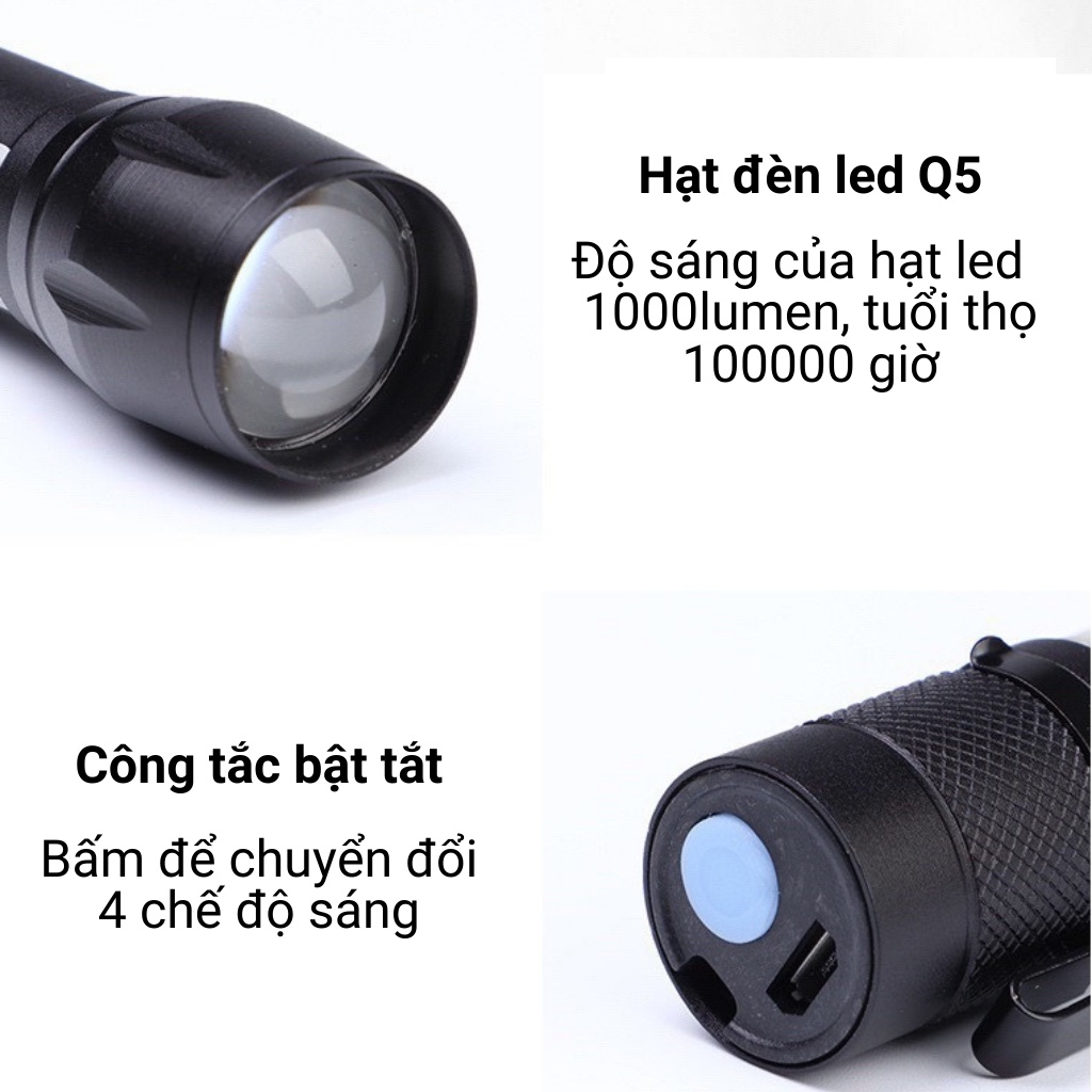 Đèn pin LED mini NHẬT PHONG 3 trong 1 sạc USB ánh sáng mạnh có chế độ thu phóng cầm tay tiện lợi