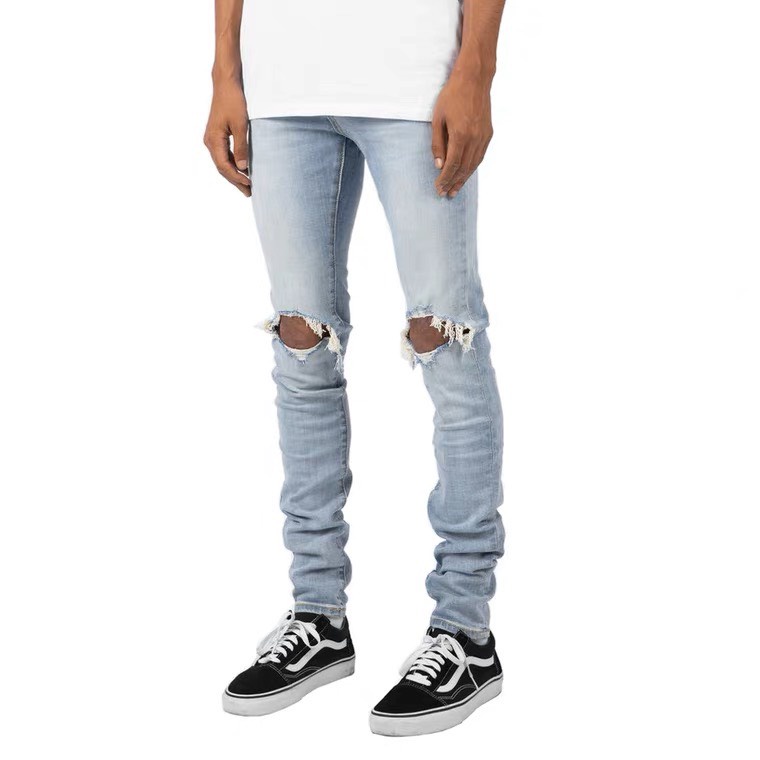 Quần jean nam streetwear cao cấp màu xanh rách gối to form slimfit jean thun co giãn