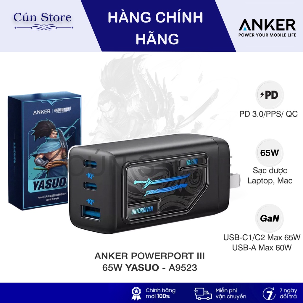 Củ sạc Anker 65W YASUO 2C1A PD3.0/PPS/QC bản đặc biệt - A9523 | Bảo hành 12 tháng