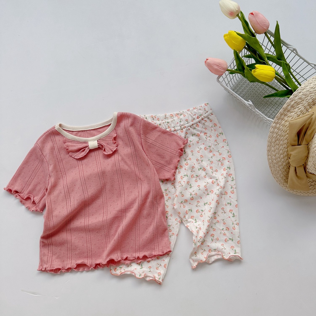 Bộ cộc tay họa tiết phối viền nơ cho bé Minium, Bộ quần áo trẻ em cotton thu hè, miniumbabyfashion SB1430, SB1466