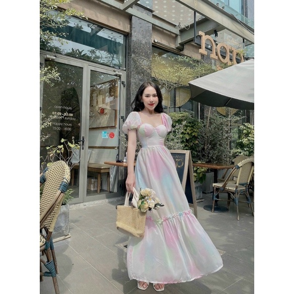 Đầm maxi loang nhiều màu cúp ngực tay bồng, váy dài công chúa tiểu thư xoè nhẹ sang trọng đi chơi dự tiệc sinh nhật