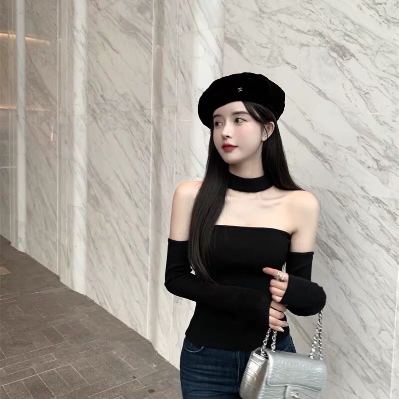 Ms 17 áo croptop bẹt vai tay dài phối cổ choker sexy