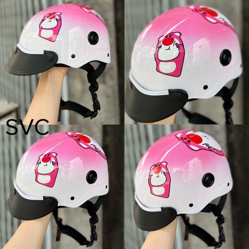 Nón bảo hiểm nửa đầu loang màu in hình gấu dâu+tặng tai mèo gắn nón