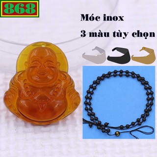 Mặt Phật Di lặc pha lê trà 3.6 cm kèm vòng cổ hạt chuỗi đá đen + móc inox, mặt dây chuyền Phật cười