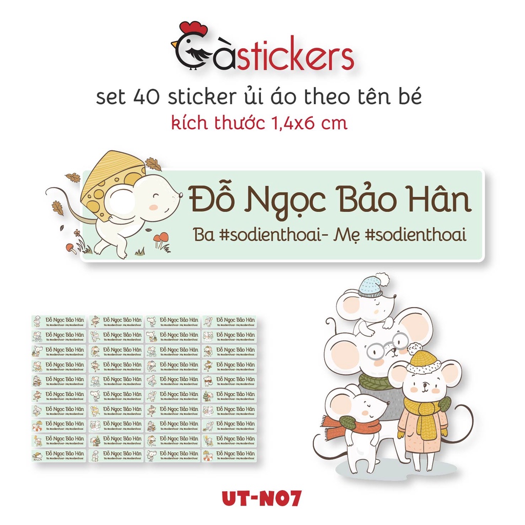 Sticker ủi áo in tên trẻ em GaStickers UT-N07- bộ 40 miếng kích thước 1,4 x 6 cm