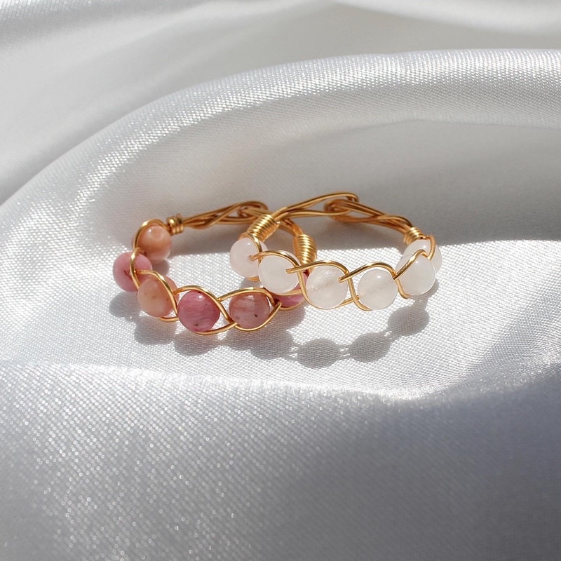 Nhẫn handmade đá đào hoa & mã não trắng - LILI’S SUMMER BEADS