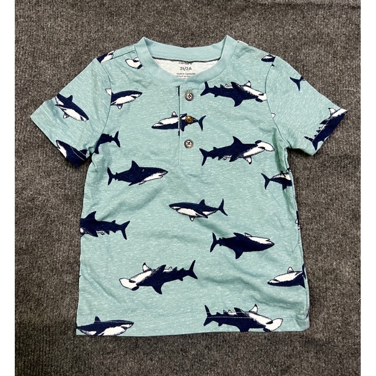 Áo phông cotton carter màu xanh ngọc họa tiết shark mùa hè cho bé trai