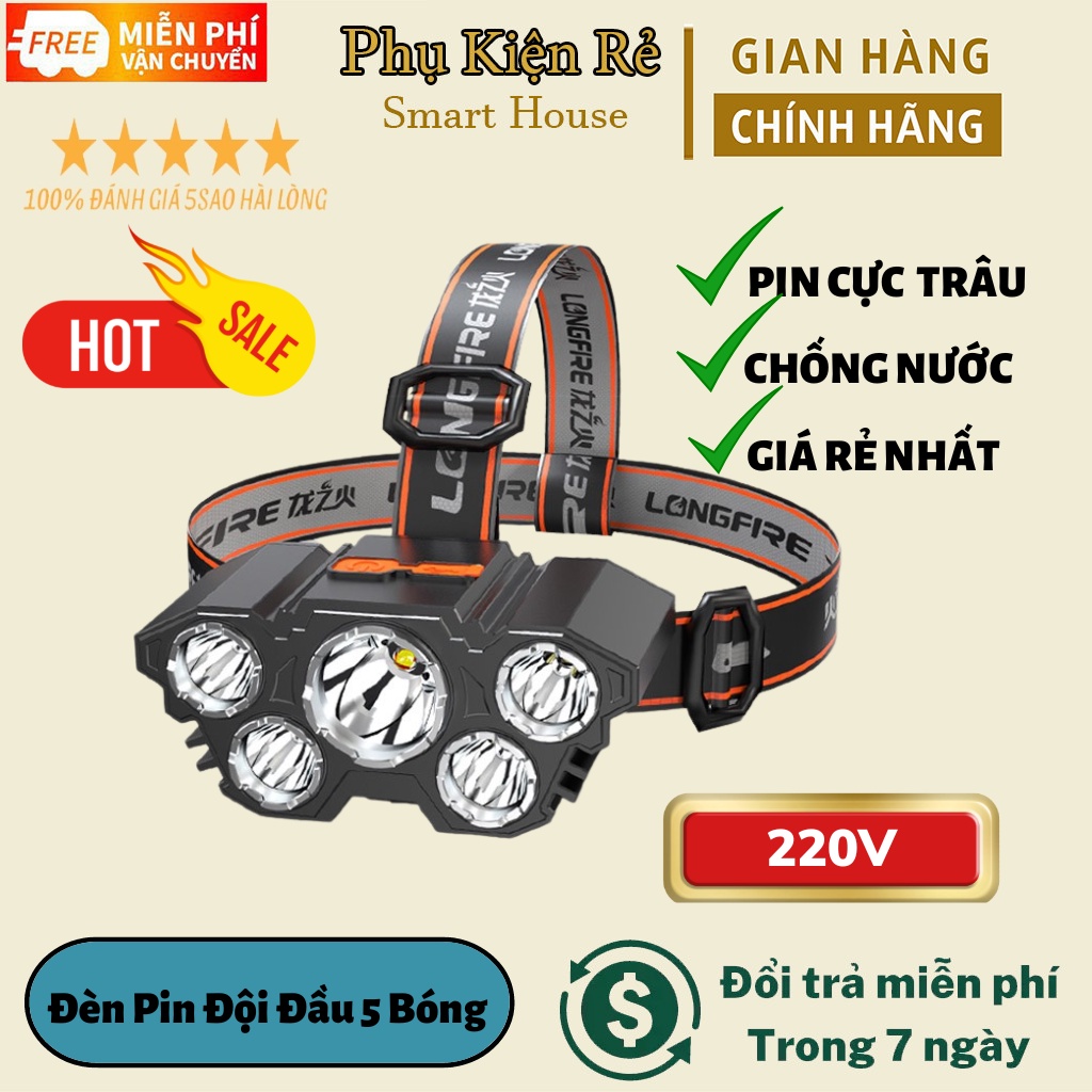 Đèn Pin Đội Đầu 5 Bóng, Đèn Pin Siêu Sáng Tích Điện Chống Nước Thích Hợp Đi Dã Ngoại, ASAKI OFFICIAL
