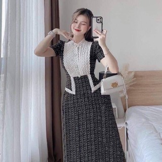 Đầm midi dạ bố phối cổ ren