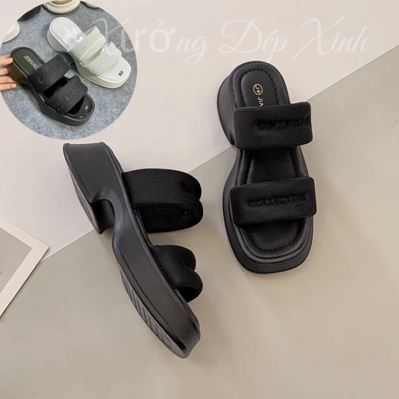 Dép sandanl 2 quai cao 5cm Collection phiên bản giới hạn, dép nữ nâng đế tăng chiều cao quai lưới thêu hót nhất năm 2023