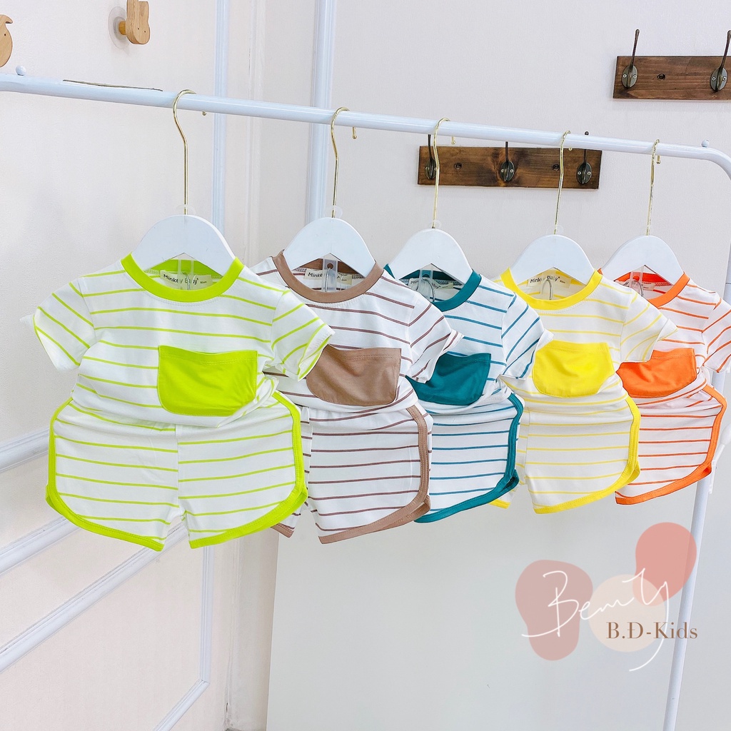 Full Size(9-26kg) Bộ Cộc Minkey Baby Chất Sọc Dệt Phối Túi Dễ Thương Cho Bé Trai - Bé Gái .Minky Mom